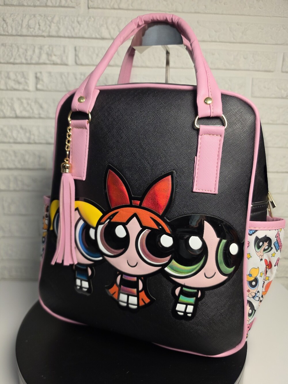 Black and Pink Cartoon Accent Women’s Backpack - Powerpuff Style